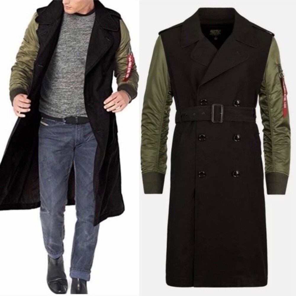 Alpha Industries Mackinaw M-65 Black Cotton Khaki Green Nylon Mens Trench Coat L